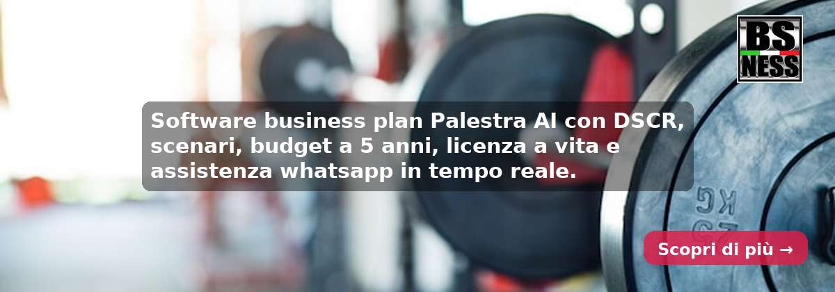 Software business plan Palestra AI con DSCR, scenari, budget a 5 anni, licenza a vita e assistenza whatsapp in tempo reale.